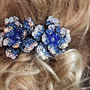 Crystal Flower Ponytail, Bun Claw - Royal Blue & Irridescent White - 804 Crystal